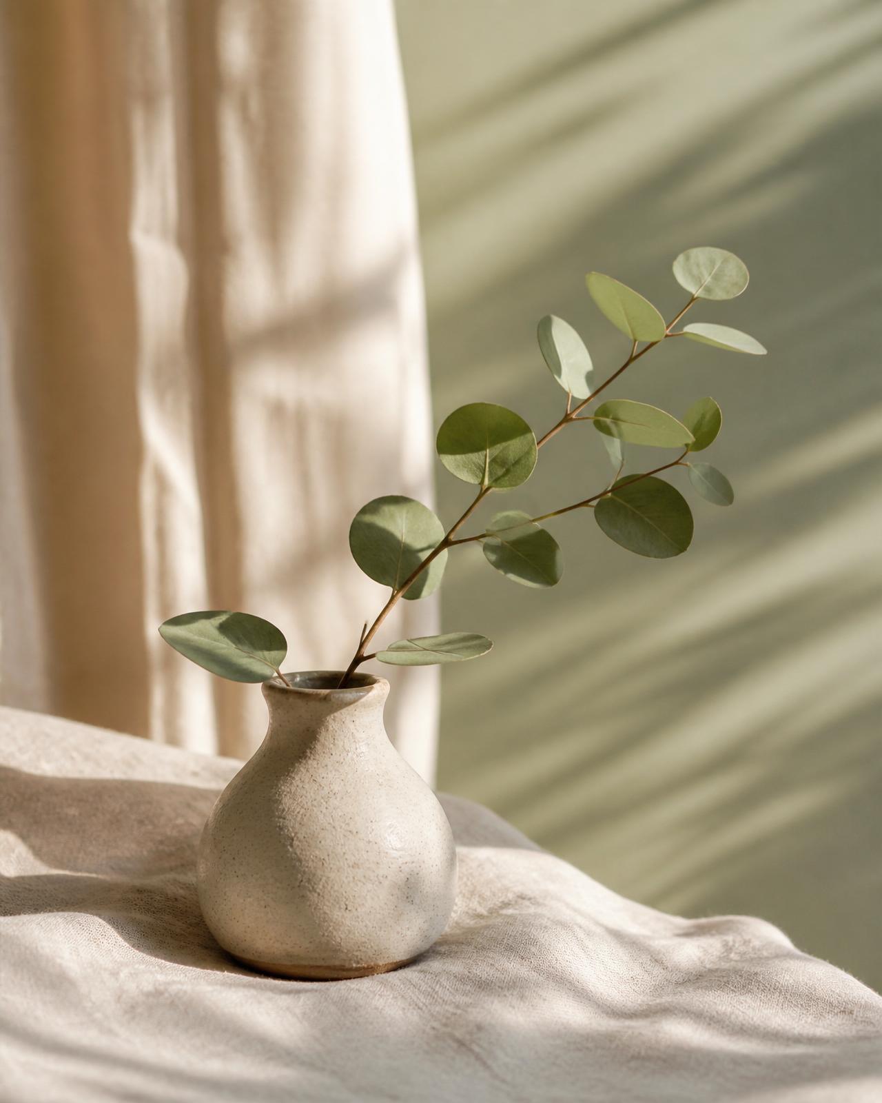 Calm ceramic vase with eucalyptus branch in soft window light